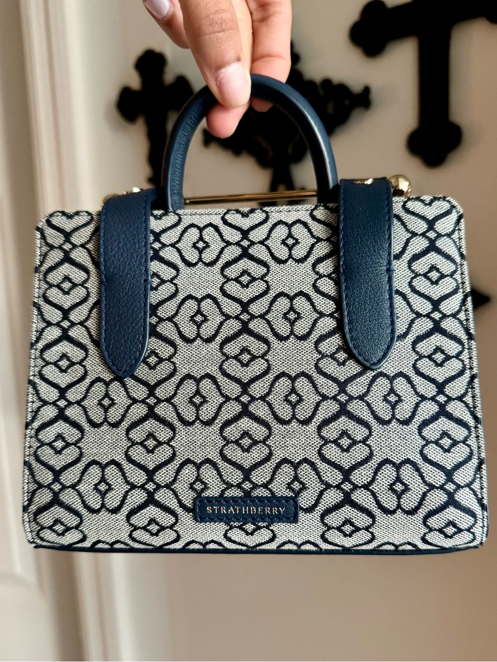 Strathberry Navy and Cream Jacquard Mini Handbag